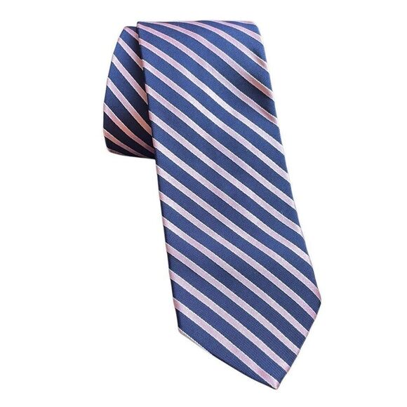 Brooks Brothers Mens Necktie 100% Silk Navy White Pink Striped Hand Made - Picture 1 of 2